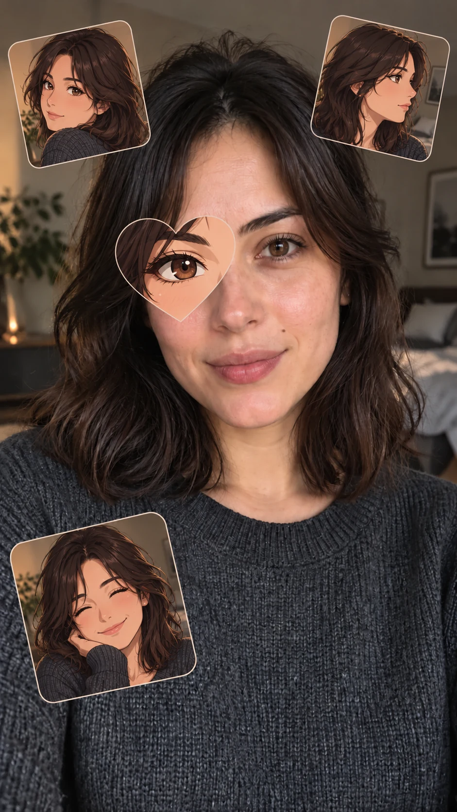Selfie with a heart-shaped anime eye and three anime twin stickers